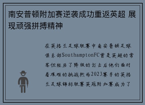 南安普顿附加赛逆袭成功重返英超 展现顽强拼搏精神 南安普顿附加赛逆袭成功重返英超 展现顽强拼搏精神